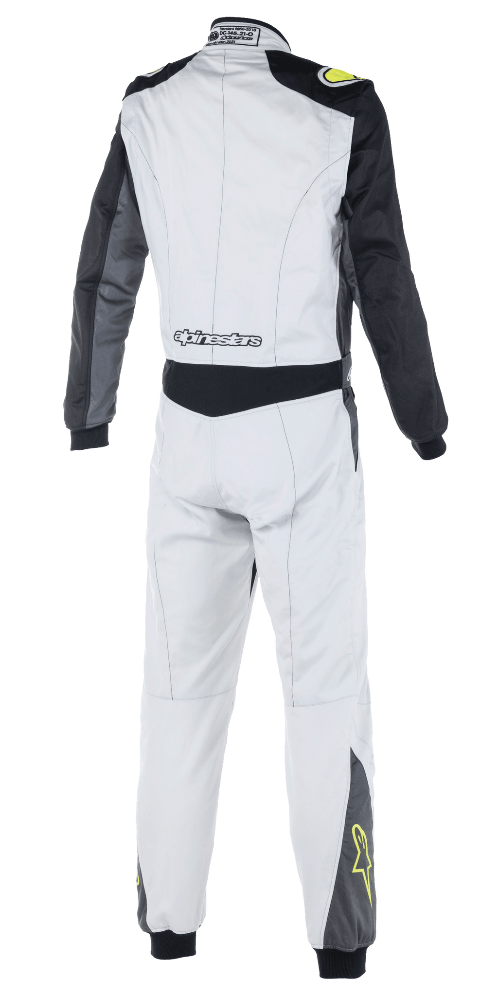 Alpinestars Atom FIA Suit, Auto Racing Suit, Silver, Anthracite and Yellow Fluo, rear view showing black sleeves and waist panel, Alpinestars branding on lower back, yellow star logos on lower legs, FIA certified motorsport apparel