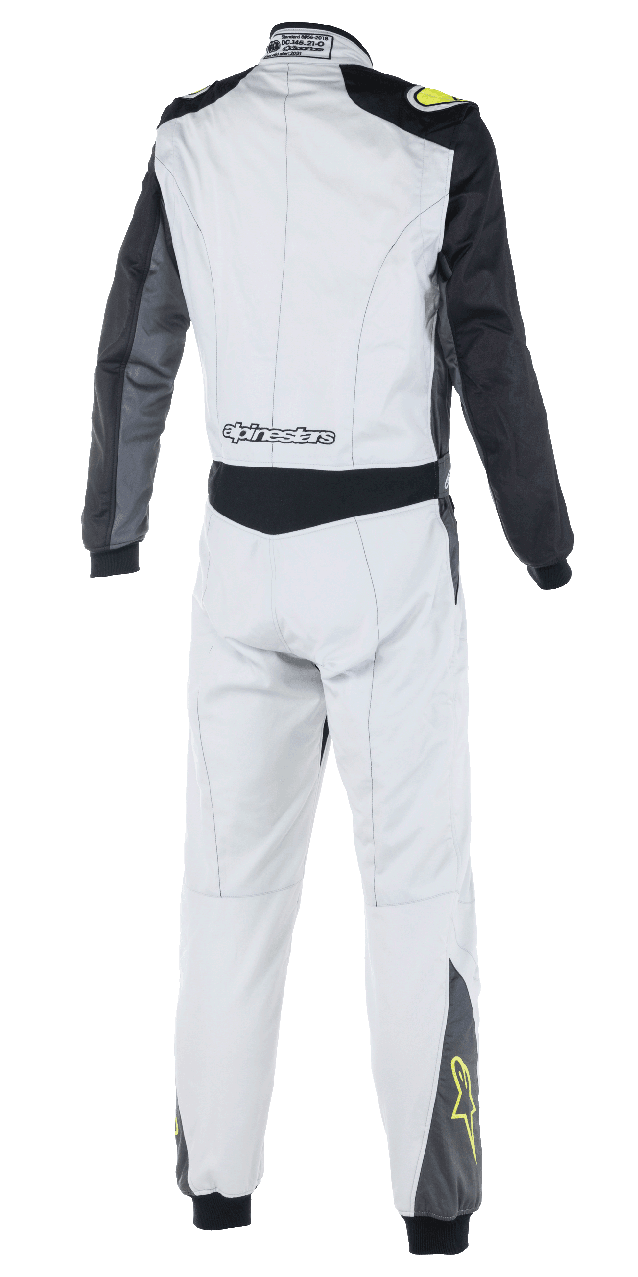 Alpinestars Atom FIA Suit, Auto Racing Suit, Silver, Anthracite and Yellow Fluo, rear view showing black sleeves and waist panel, Alpinestars branding on lower back, yellow star logos on lower legs, FIA certified motorsport apparel