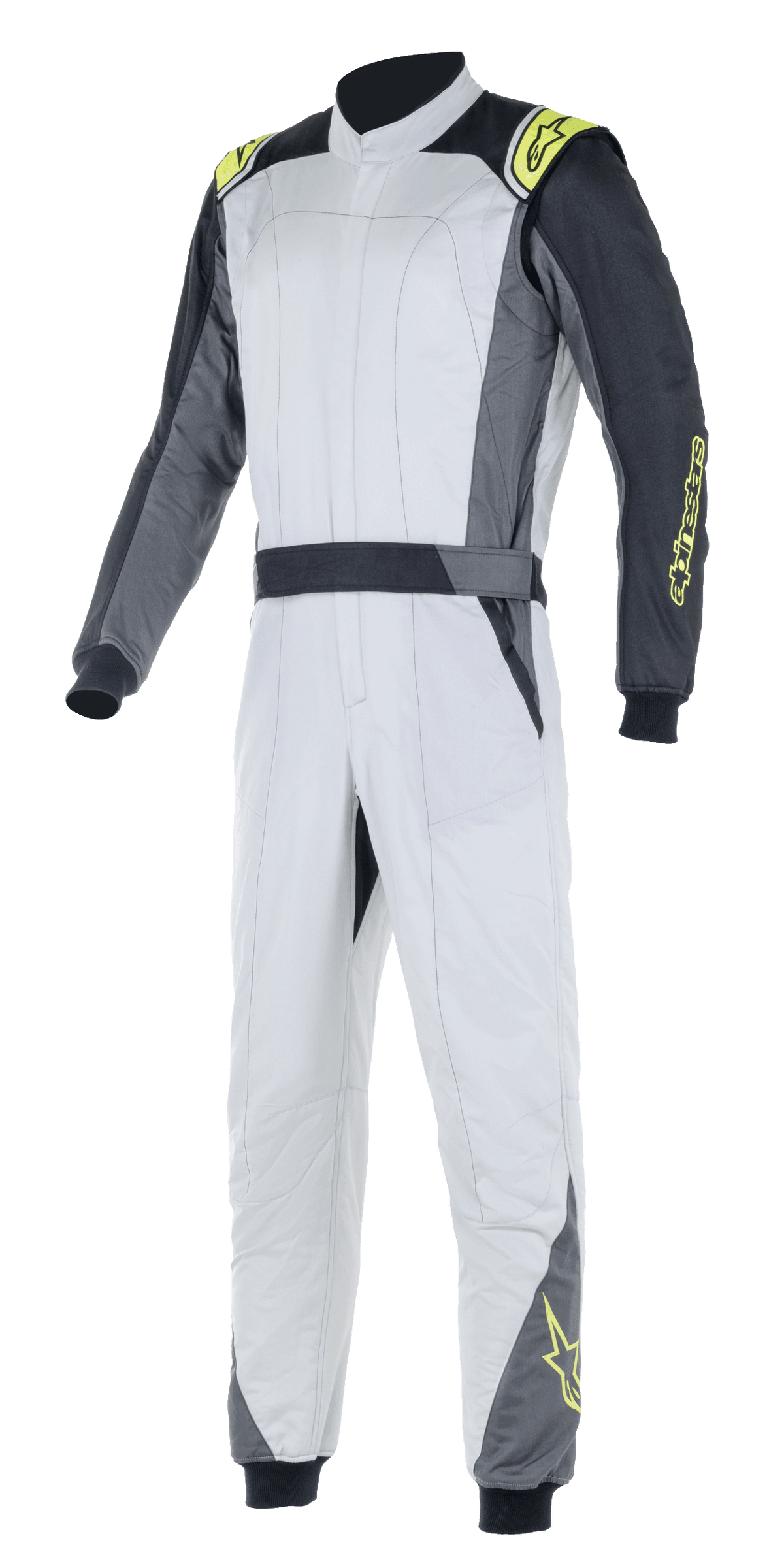 Combinaison Alpinestars Atom FIA, combinaison de course automobile, argent et anthracite avec accents jaune fluo, design une pièce avec col haut et poignets élastiques, vêtement de protection professionnel pour la course automobile