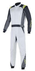 Alpinestars Atom FIA Suit, Auto Racing Suit, Silver and Anthracite with Yellow Fluo accents, one-piece design featuring a high collar and elasticized cuffs, professional protective apparel for automotive racing