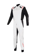 Alpinestars KMX-5 V3 Suit, Karting Suit, White Black and Bright Red, front view, featuring white chest and legs with black sleeves and side panels, red star logos on shoulders and lower leg, professional racing design for karting.