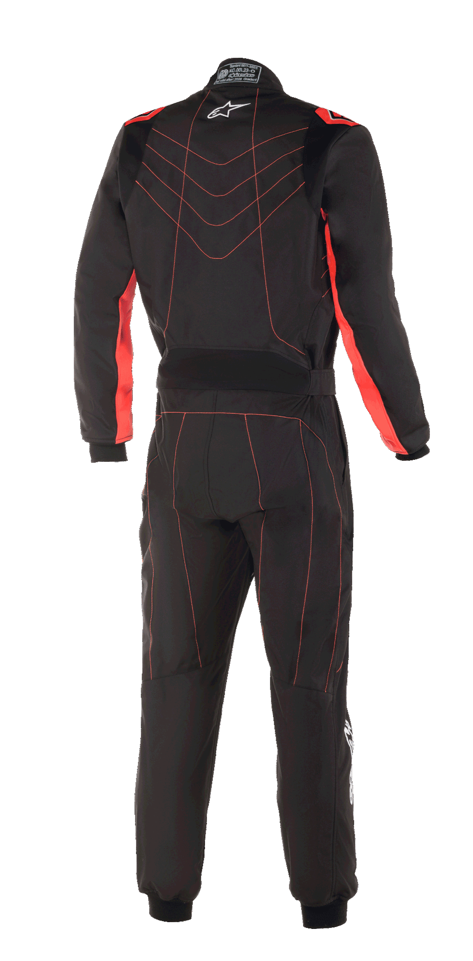 Alpinestars KMX-9 V3 Suit, Karting Suit, Black and Red Fluo, back view featuring red stitching patterns and white Astars logo on the collar, professional motorsport racing apparel