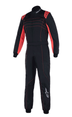 Alpinestars KMX-9 V3 Suit, professional karting race suit, Black and Red Fluo, featuring dual-layer construction with red fluorescent panels on shoulders and inner arms, red accent stitching, and white Alpinestars logo on the left leg.