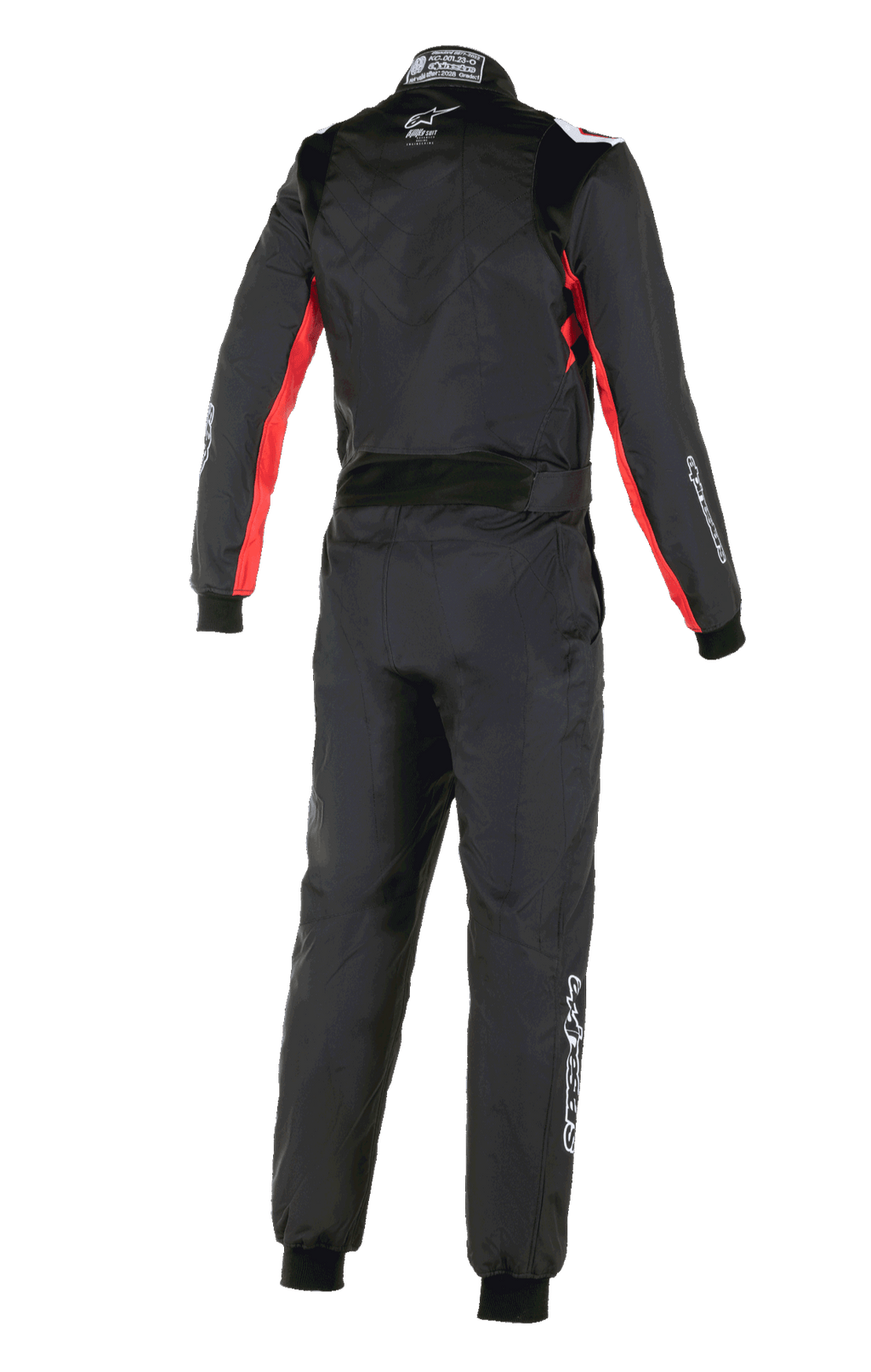 Combinaison Alpinestars KMX-9 V3 Graphic 3, combinaison de karting, noir et rouge, vue arrière montrant des accents rouges sur les manches et les côtés, logo Alpinestars blanc sur la nuque et marquage blanc sur la jambe, combinaison de course une pièce professionnelle
