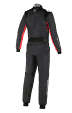 Combinaison Alpinestars KMX-9 V3 Graphic 3, combinaison de karting, noir et rouge, vue arrière montrant des accents rouges sur les manches et les côtés, logo Alpinestars blanc sur la nuque et marquage blanc sur la jambe, combinaison de course une pièce professionnelle