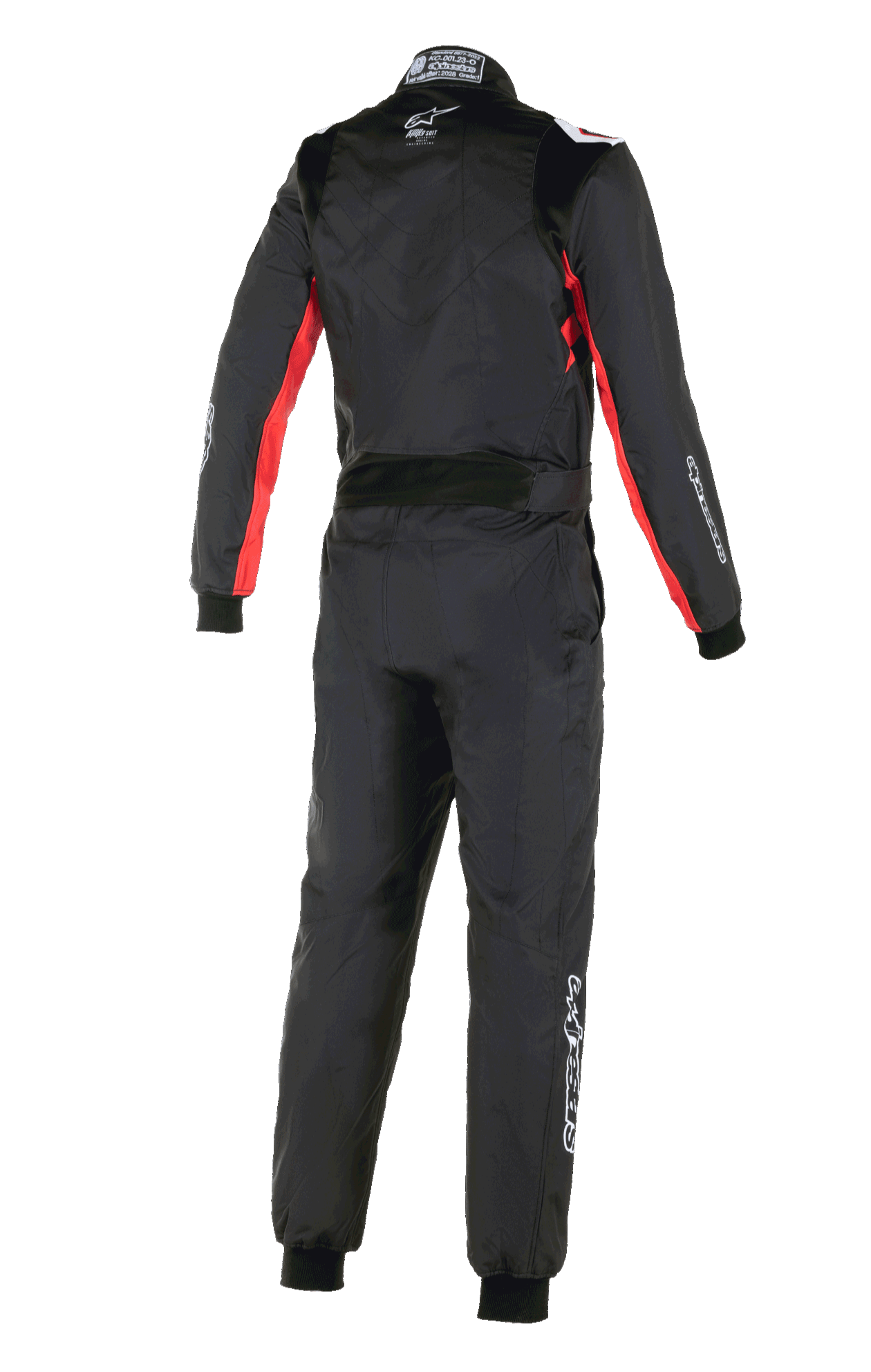 Combinaison Alpinestars KMX-9 V3 Graphic 3, combinaison de karting, noir et rouge, vue arrière montrant des accents rouges sur les manches et les côtés, logo Alpinestars blanc sur la nuque et marquage blanc sur la jambe, combinaison de course une pièce professionnelle