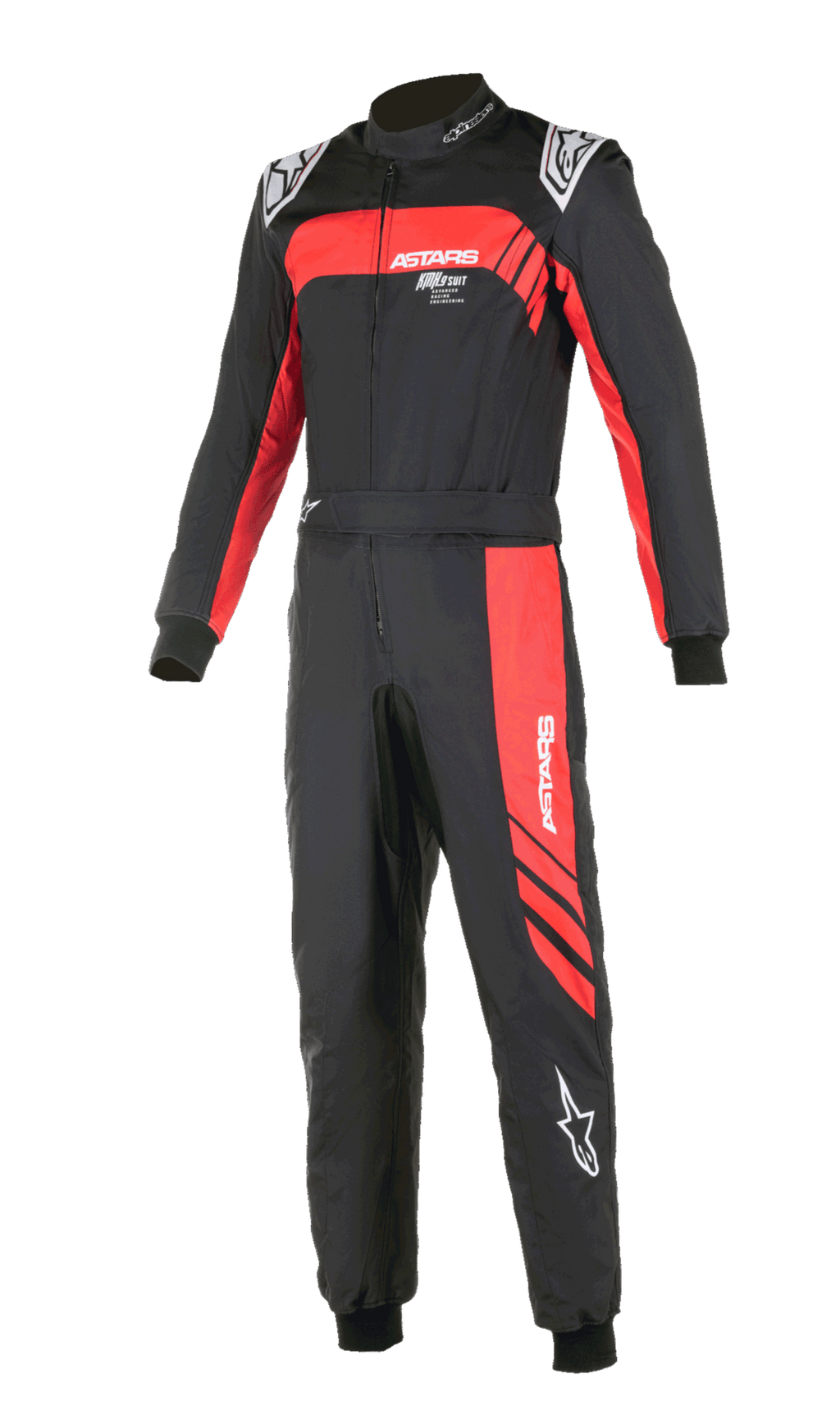 Combinaison Alpinestars KMX-9 V3 Graphic 3, combinaison de karting, noire et rouge, design une-pièce avec accents graphiques rouges sur la poitrine et la jambe, logos blancs, poignets et chevilles côtelés, col montant, vêtement de course professionnel