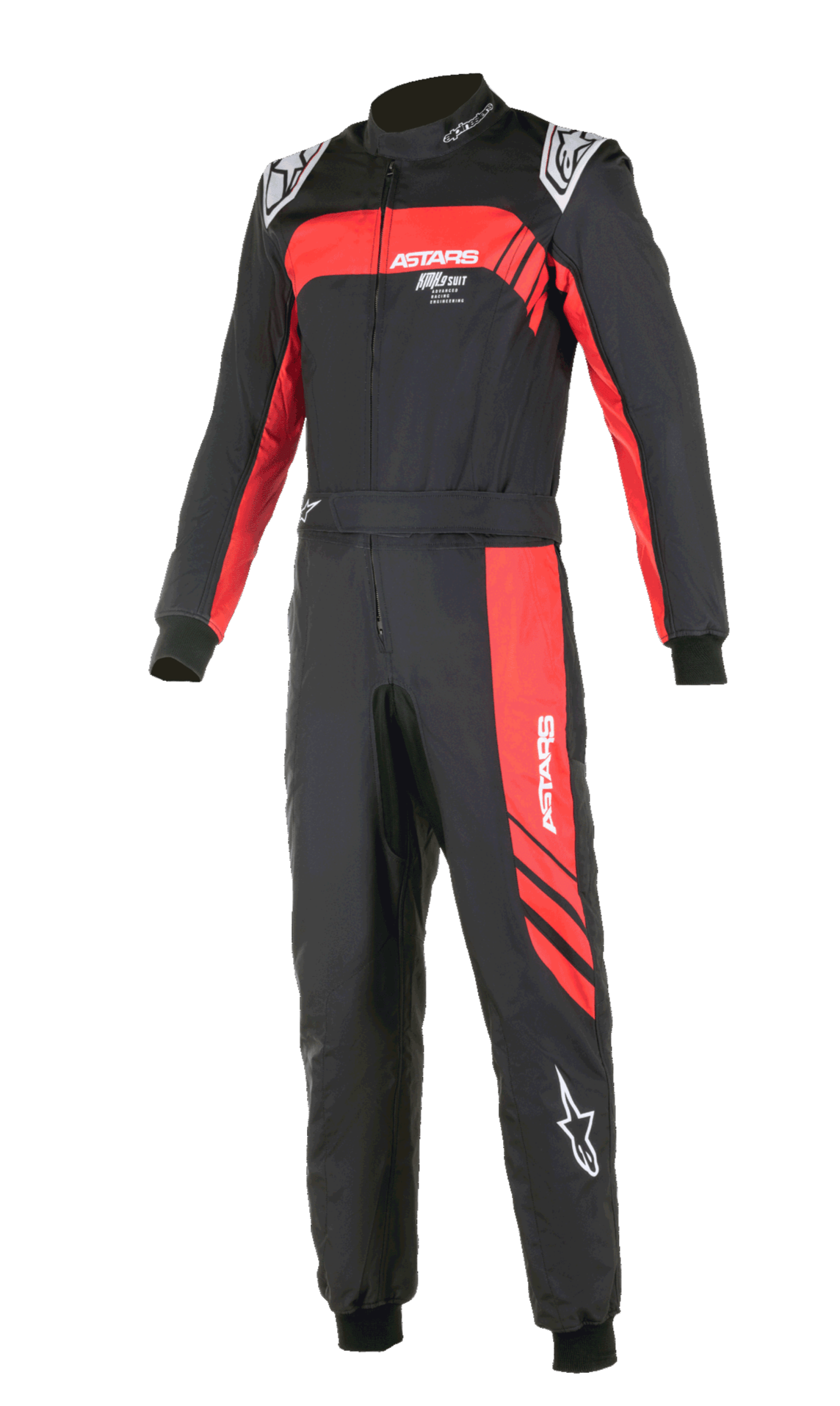 Combinaison Alpinestars KMX-9 V3 Graphic 3, combinaison de karting, noire et rouge, design une-pièce avec accents graphiques rouges sur la poitrine et la jambe, logos blancs, poignets et chevilles côtelés, col montant, vêtement de course professionnel