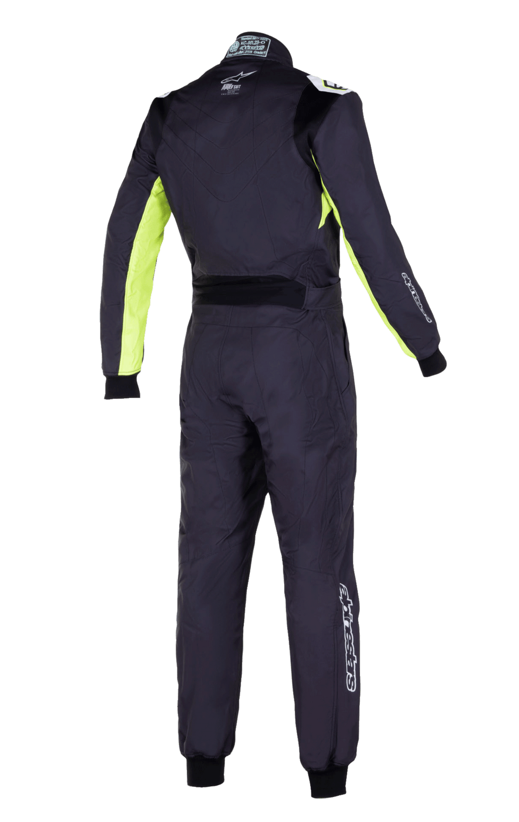Alpinestars KMX-9 V3 Graphic 3 Suit, Karting Suit, Black and Yellow Fluo, rear view featuring fluorescent yellow panels on the sleeves and sides, black stretch lumbar panel, and white Alpinestars logos on the back and legs.