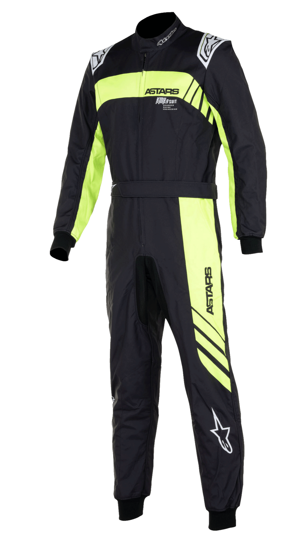 Alpinestars KMX-9 V3 Graphic 3 Suit, one-piece karting suit in Black and Yellow Fluo, featuring bold fluorescent yellow graphic stripes across the chest and down the leg, white Alpinestars logos on shoulders and lower leg, knitted wrist and ankle cuffs, high-performance racing gear
