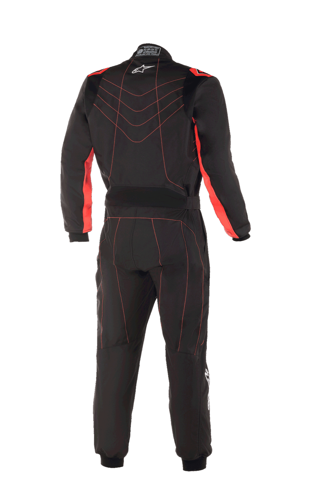 Combinaison de karting Alpinestars Youth KMX-9 V3, noir et rouge fluo, vue arrière présentant des surpiqûres rouges contrastées avec un motif en chevrons dans le dos, des panneaux rouges sur l'intérieur des bras, un petit logo étoile blanc sur le col et une ceinture réglable à la taille pour un look de course professionnel.