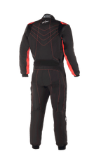 Combinaison de karting Alpinestars Youth KMX-9 V3, noir et rouge fluo, vue arrière présentant des surpiqûres rouges contrastées avec un motif en chevrons dans le dos, des panneaux rouges sur l'intérieur des bras, un petit logo étoile blanc sur le col et une ceinture réglable à la taille pour un look de course professionnel.