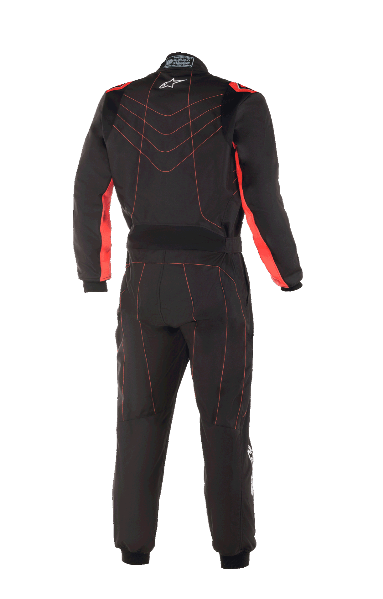 Combinaison de karting Alpinestars Youth KMX-9 V3, noir et rouge fluo, vue arrière présentant des surpiqûres rouges contrastées avec un motif en chevrons dans le dos, des panneaux rouges sur l'intérieur des bras, un petit logo étoile blanc sur le col et une ceinture réglable à la taille pour un look de course professionnel.