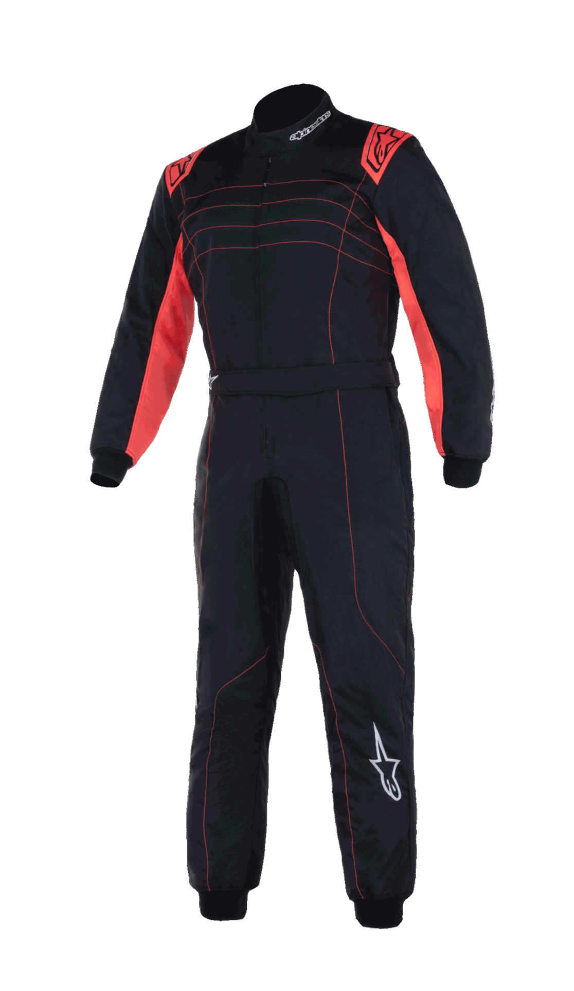Alpinestars Youth KMX-9 V3 Suit, combinaison de karting pour enfant, noir et rouge fluo, modèle une pièce avec accents et coutures rouges sur les épaules, logos Alpinestars blancs, col montant pour la compétition junior