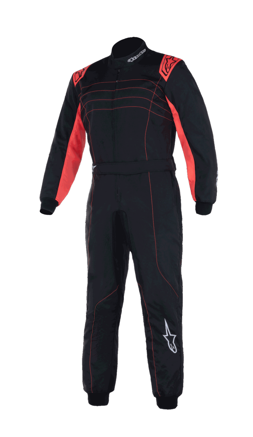 Alpinestars Youth KMX-9 V3 Suit, combinaison de karting pour enfant, noir et rouge fluo, modèle une pièce avec accents et coutures rouges sur les épaules, logos Alpinestars blancs, col montant pour la compétition junior