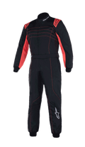 Alpinestars Youth KMX-9 V3 Suit, combinaison de karting pour enfant, noir et rouge fluo, modèle une pièce avec accents et coutures rouges sur les épaules, logos Alpinestars blancs, col montant pour la compétition junior