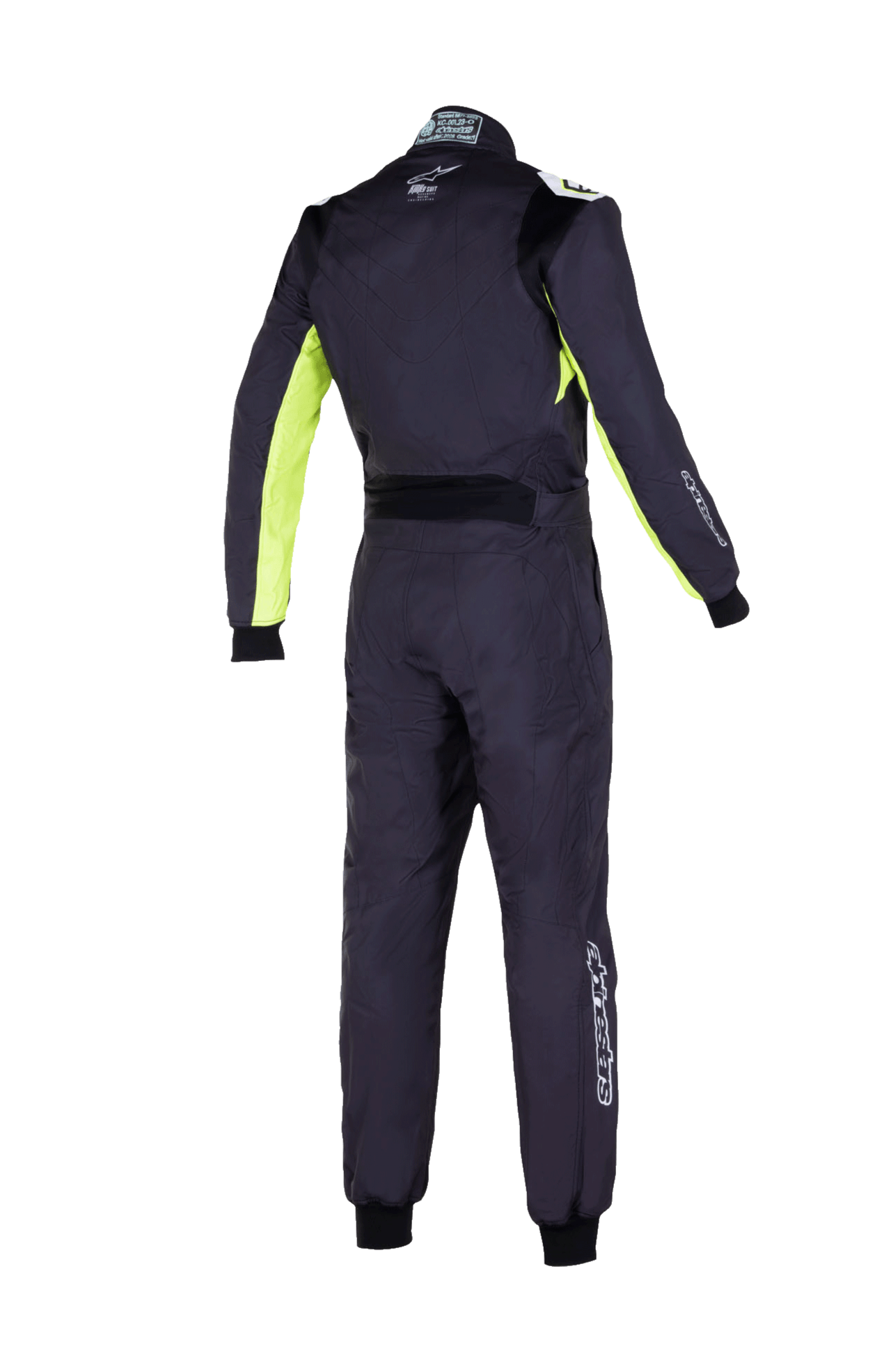 Alpinestars Youth KMX-9 V3 Suit Graphic 3, Youth Karting Suit, Black and Yellow Fluo, rear view of one-piece racing suit featuring stretch panels on the back and shoulders, fluorescent yellow accents on inner arms, and Alpinestars branding on the collar and lower leg