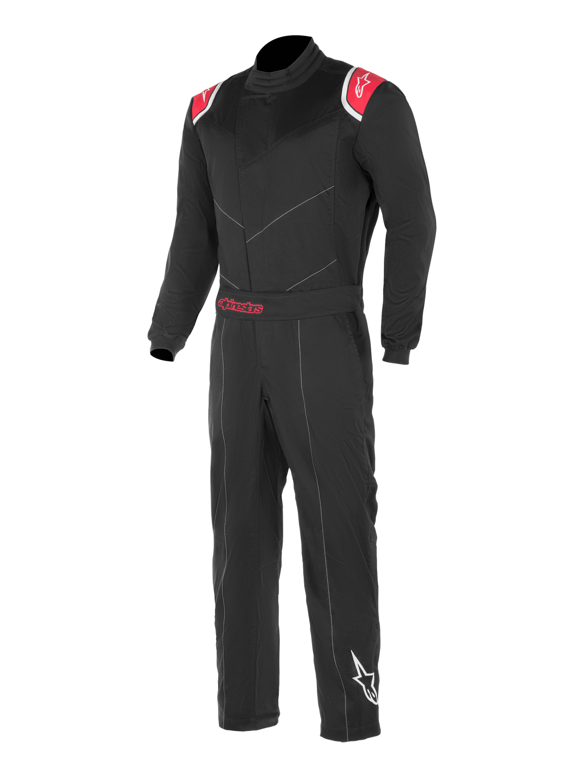 Alpinestars Kart Indoor Suit, combinaison de karting noire et rouge, dotée de panneaux rouges aux épaules avec logos d'étoile blancs, ceinture ajustable avec logo Alpinestars rouge et logo d'étoile blanc sur le bas de la jambe gauche.