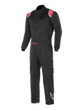 Alpinestars Kart Indoor Suit, Black and Red karting racing suit, featuring red shoulder panels with white star logos, adjustable waist belt with red Alpinestars branding, and white star logo on the lower left leg.