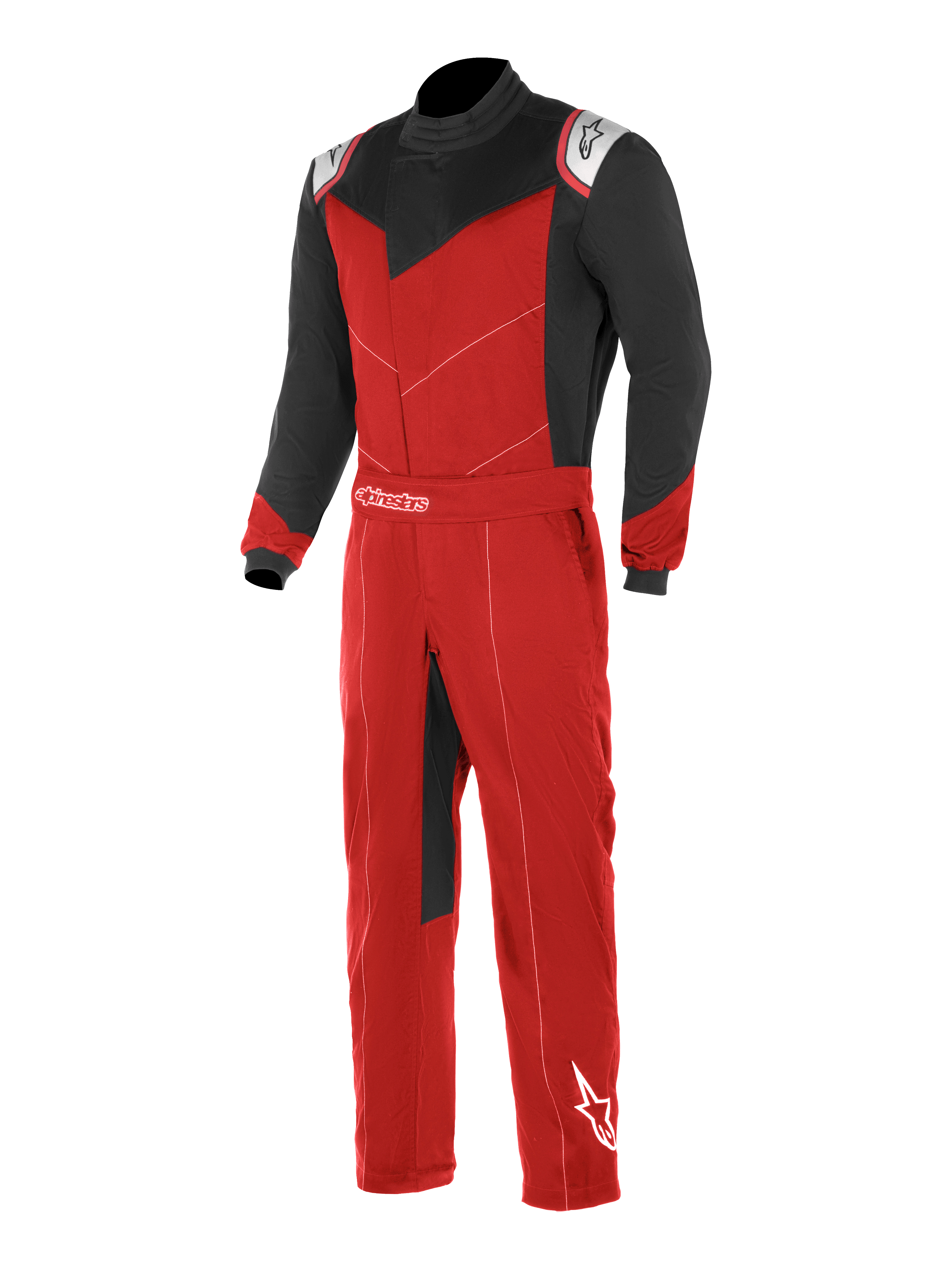 Alpinestars Kart Indoor Suit, Karting Racing Suit, Red and Black with White Accents, black sleeves and upper chest panels, red torso and legs, featuring an asymmetric front opening and adjustable waist belt