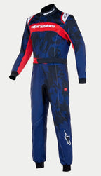 Alpinestars Youth KMX-9 V3 Graphic 5 Suit, combinaison de karting, bleu marine et rouge, avec un motif graphique abstrait bleu foncé, un empiècement rouge sur la poitrine avec logo blanc, des poignets et un col côtelés noirs, design de course professionnel une pièce