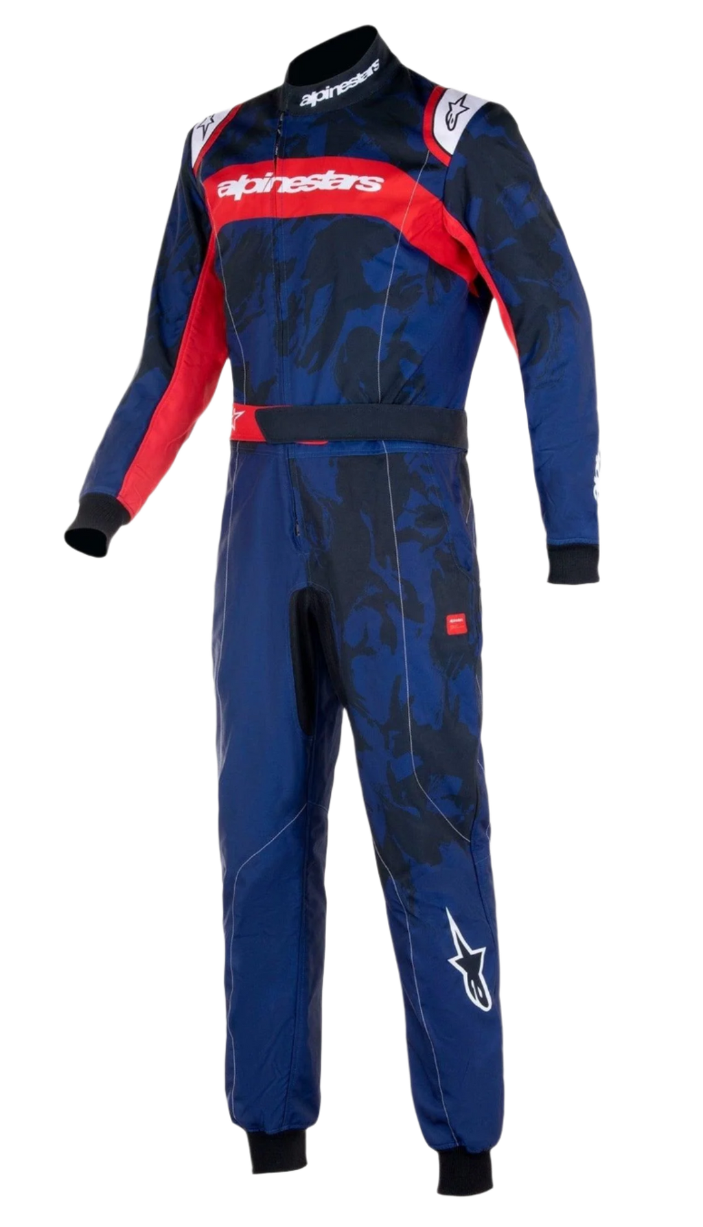 Alpinestars Youth KMX-9 V3 Suit Graphic 5, combinaison de karting, bleu marine et rouge, avec un motif graphique inspiré du camouflage, une bande rouge sur la poitrine avec logo Alpinestars blanc et des poignets en tricot noir