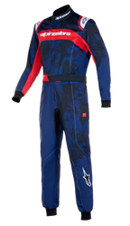 Alpinestars Youth KMX-9 V3 Suit Graphic 5, combinaison de karting, bleu marine et rouge, avec un motif graphique inspiré du camouflage, une bande rouge sur la poitrine avec logo Alpinestars blanc et des poignets en tricot noir