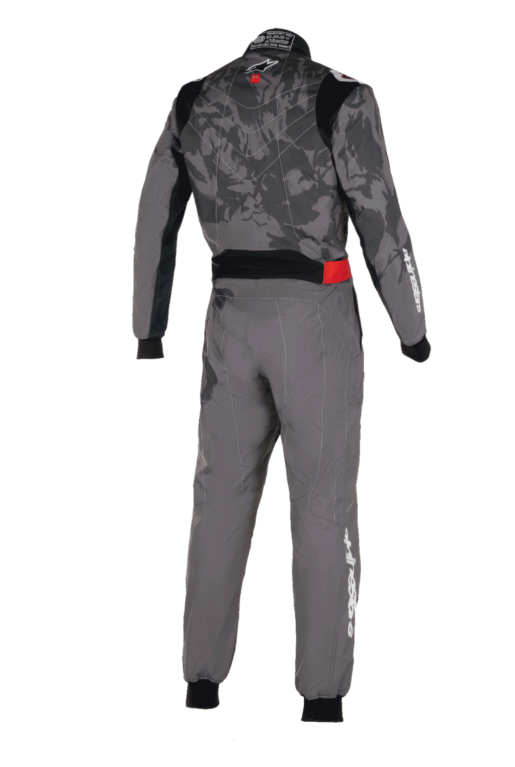 Alpinestars KMX-9 V3 Graphic 5 Suit, Karting Suit, Dark Gray and Black, back view featuring a camouflage graphic pattern on the torso, red waist accent, and white Alpinestars branding on the sleeve and leg
