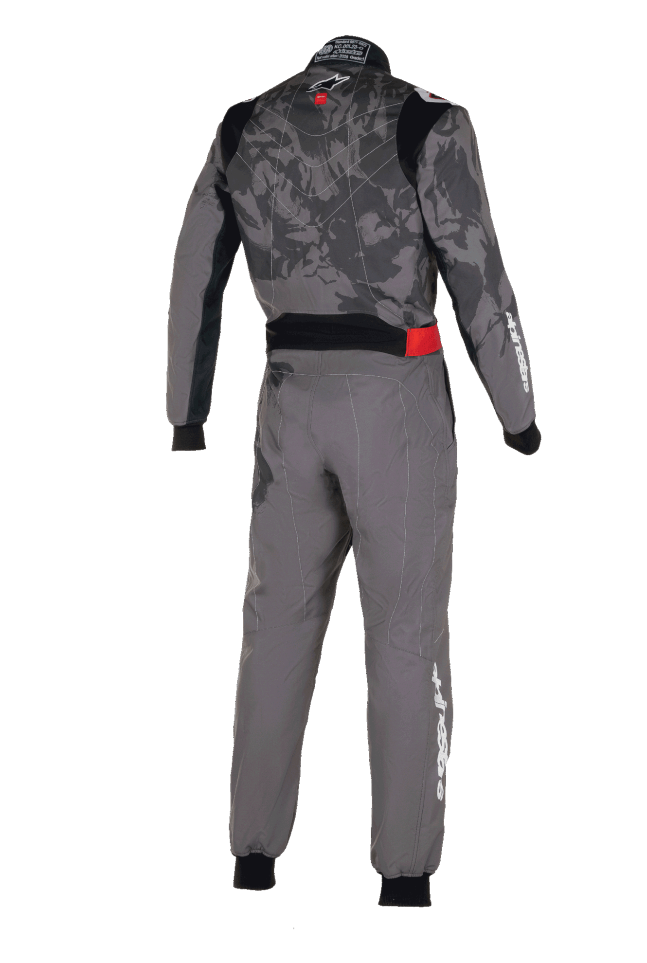 Alpinestars KMX-9 V3 Graphic 5 Suit, Karting Suit, Dark Gray and Black, back view featuring a camouflage graphic pattern on the torso, red waist accent, and white Alpinestars branding on the sleeve and leg