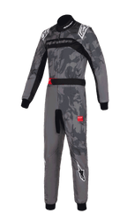 Alpinestars KMX-9 V3 Graphic 5 Suit, Karting Suit, Dark Gray and Black camouflage graphic, featuring white Alpinestars logos on shoulders and legs, black stretch panels, red accents on the belt, professional one-piece design for motorsport racing