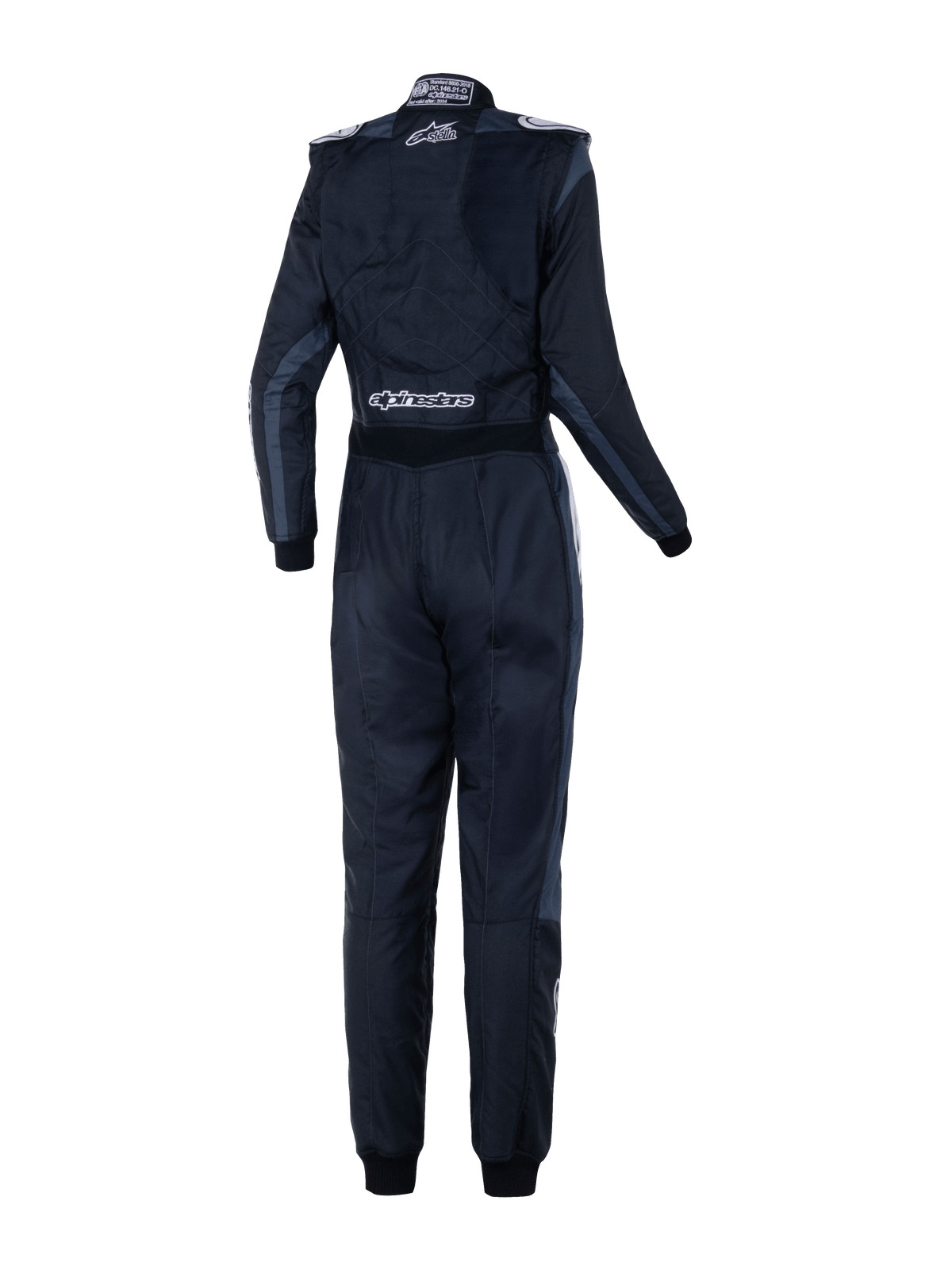 Combinaison Alpinestars Stella GP Pro Comp V2 pour femme - FIA, vue arrière, noir, asphalte et blanc, avec logos Stella et Alpinestars blancs, combinaison de course automobile professionnelle avec épaulettes et panneaux anatomiques pour femmes.