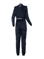 Combinaison Alpinestars Stella GP Pro Comp V2 pour femme - FIA, vue arrière, noir, asphalte et blanc, avec logos Stella et Alpinestars blancs, combinaison de course automobile professionnelle avec épaulettes et panneaux anatomiques pour femmes.