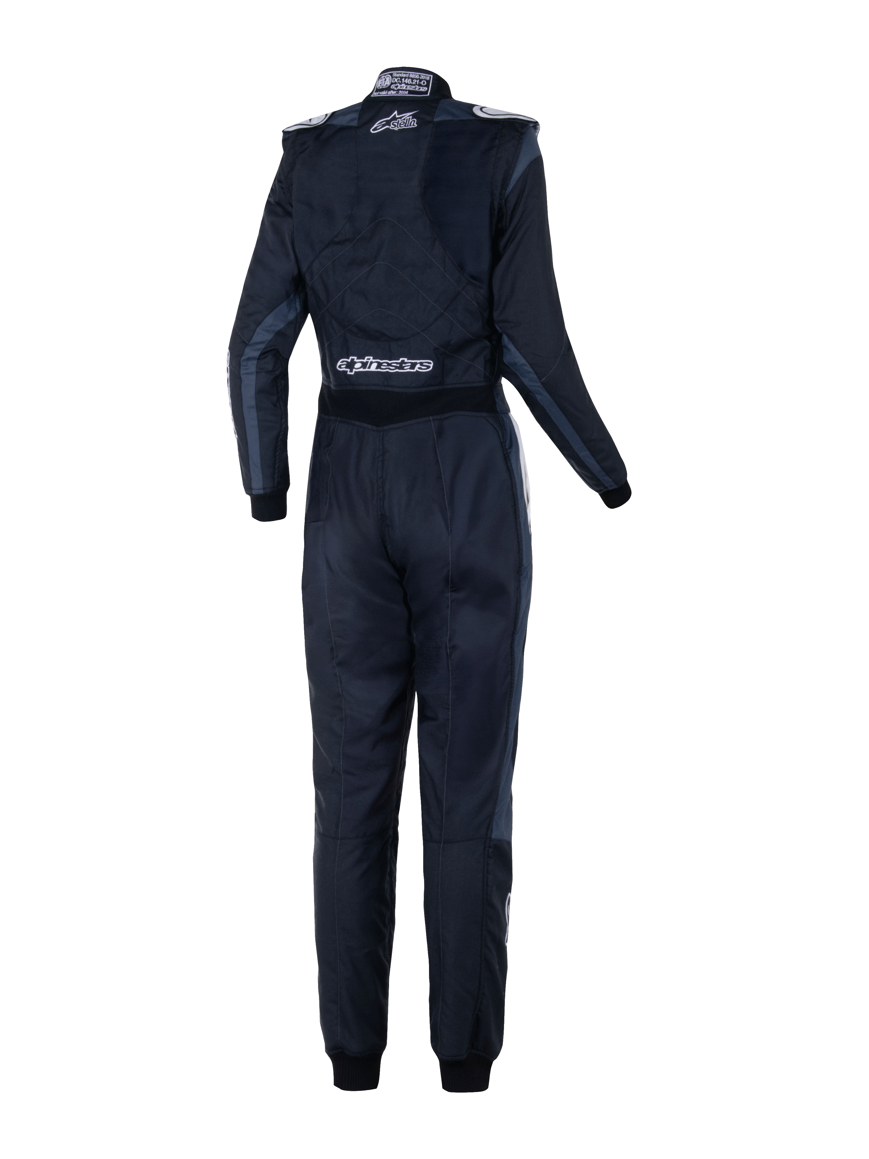 Combinaison Alpinestars Stella GP Pro Comp V2 pour femme - FIA, vue arrière, noir, asphalte et blanc, avec logos Stella et Alpinestars blancs, combinaison de course automobile professionnelle avec épaulettes et panneaux anatomiques pour femmes.