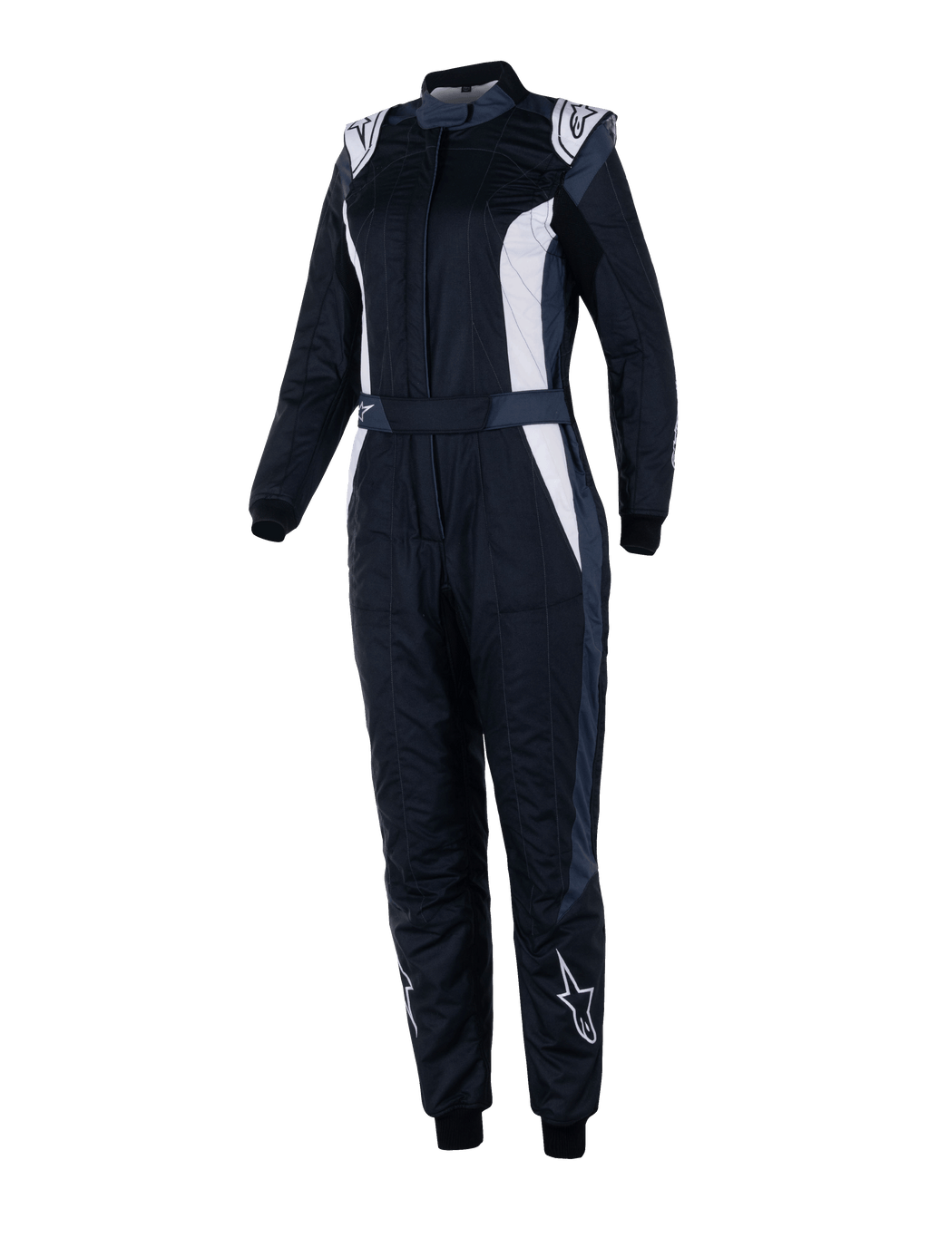 Combinaison Alpinestars Stella GP Pro Comp V2, combinaison de course FIA pour femme, noir, asphalte et blanc, manches longues avec col montant, logos blancs sur les épaules et les tibias, ceinture réglable, poignets élastiques, design aérodynamique pour la compétition automobile professionnelle