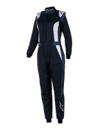 Combinaison Alpinestars Stella GP Pro Comp V2, combinaison de course FIA pour femme, noir, asphalte et blanc, manches longues avec col montant, logos blancs sur les épaules et les tibias, ceinture réglable, poignets élastiques, design aérodynamique pour la compétition automobile professionnelle