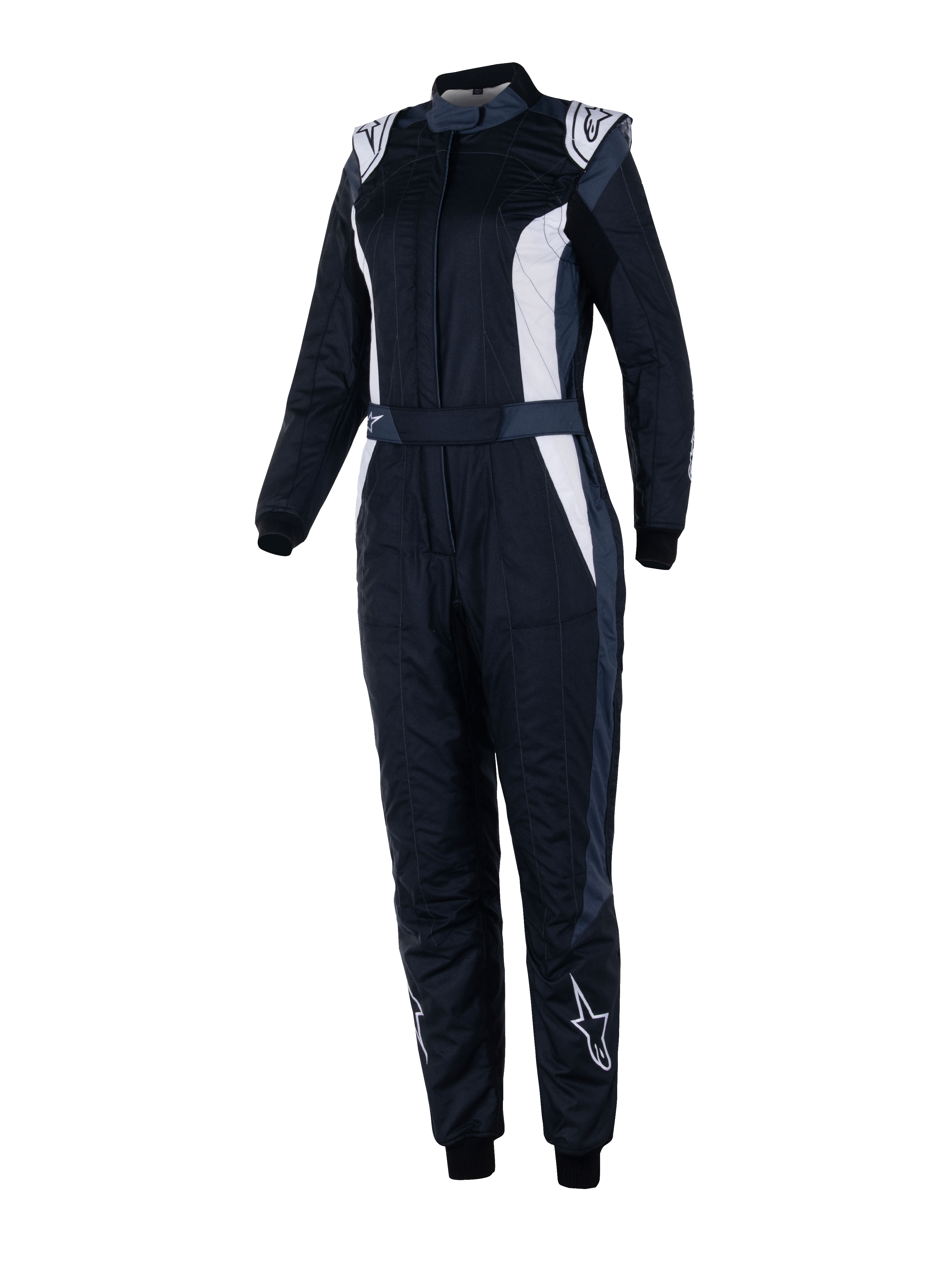 Combinaison Alpinestars Stella GP Pro Comp V2, combinaison de course FIA pour femme, noir, asphalte et blanc, manches longues avec col montant, logos blancs sur les épaules et les tibias, ceinture réglable, poignets élastiques, design aérodynamique pour la compétition automobile professionnelle