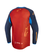 Alpinestars Maxdura Dual Jersey, Adventure Motorcycle Jersey, Rust Brown and Mood Indigo with Bright Blue accents, back view showing full mesh torso, dropped rear hem, and yellow Alpinestars branding on sleeves and back