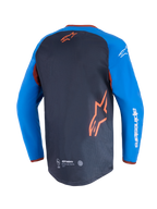 Alpinestars Maxdura Dual Jersey, maillot de moto, gris foncé et bleu royal, vue arrière montrant le panneau de torse en maille et le logo étoile orange, manches bleu royal avec texte Alpinestars blanc, ourlet arrière abaissé pour la performance tout-terrain