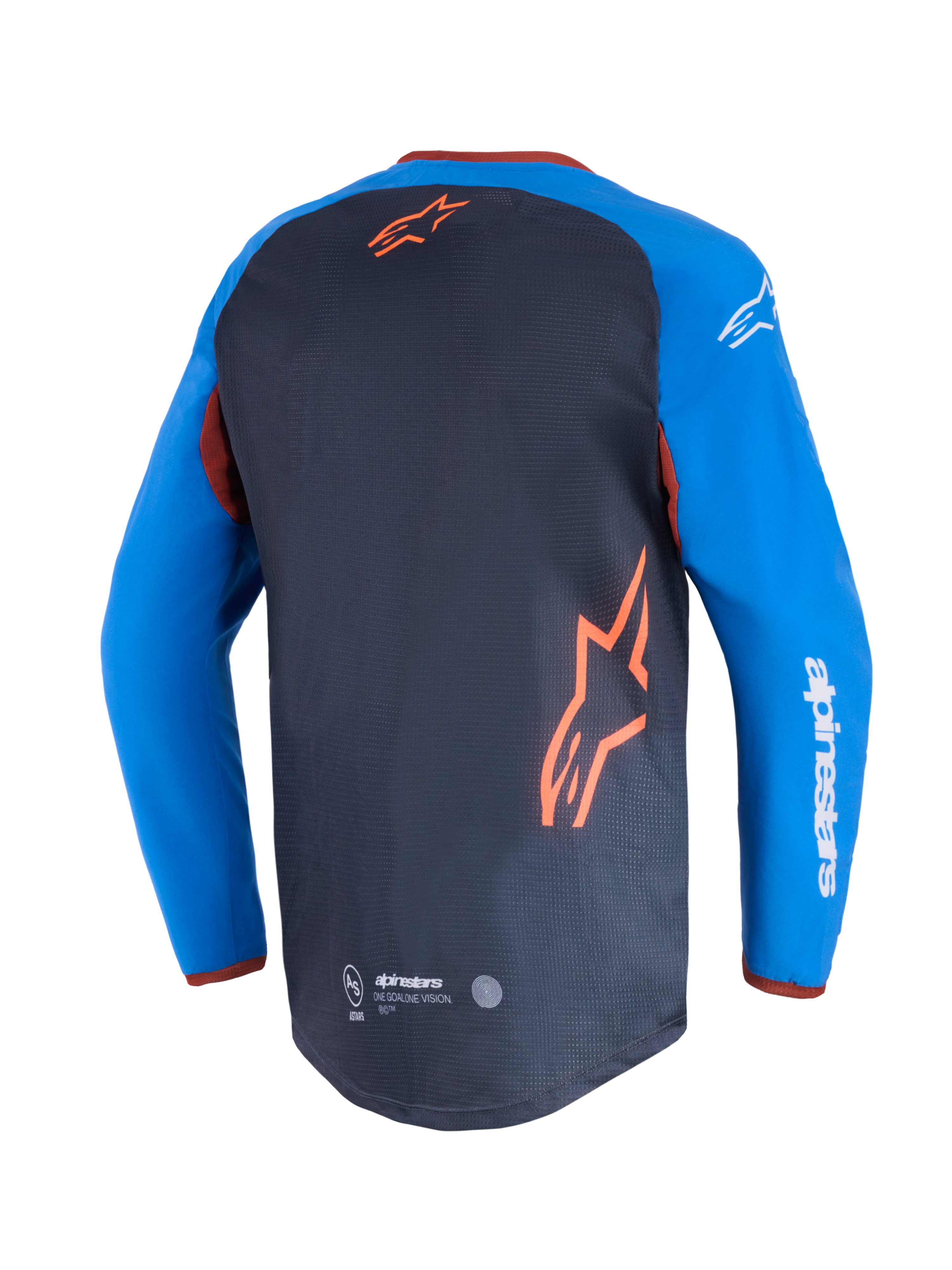 Alpinestars Maxdura Dual Jersey, maillot de moto, gris foncé et bleu royal, vue arrière montrant le panneau de torse en maille et le logo étoile orange, manches bleu royal avec texte Alpinestars blanc, ourlet arrière abaissé pour la performance tout-terrain