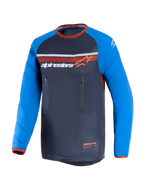 Alpinestars Maillot Maxdura Dual, gris foncé et bleu roi, maillot de moto dual-sport avec torse en maille, manches longues résistantes à l'abrasion, motifs de renfort, accents orange et deux poches poitrine zippées verticales