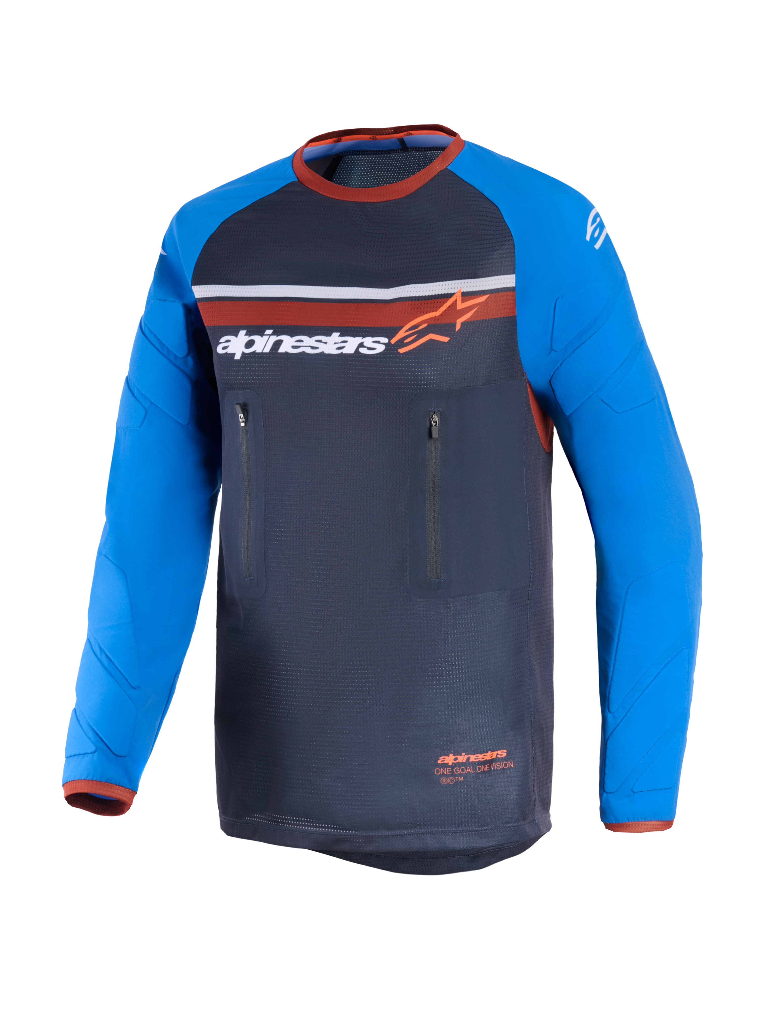 Alpinestars Maillot Maxdura Dual, gris foncé et bleu roi, maillot de moto dual-sport avec torse en maille, manches longues résistantes à l'abrasion, motifs de renfort, accents orange et deux poches poitrine zippées verticales