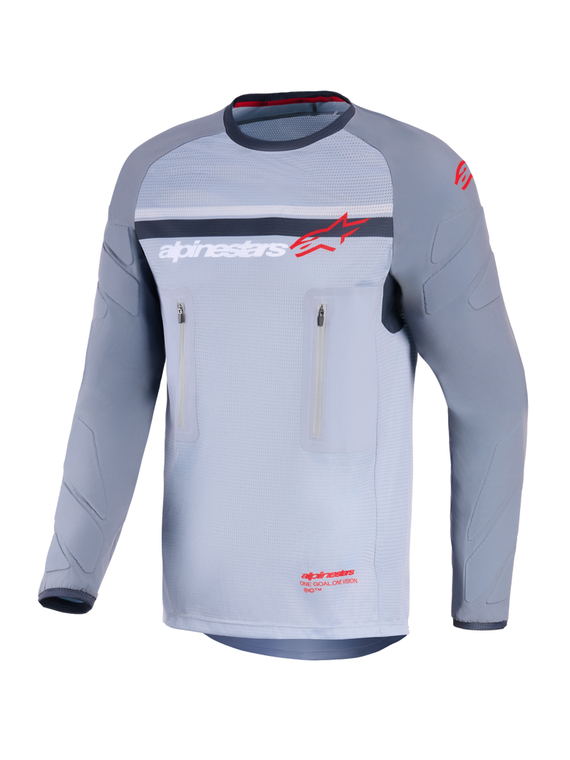 Alpinestars Maxdura Dual Jersey, Adventure Motorcycle Jersey, Mid Gray and Dark Gray, front view featuring vertical zippered chest pockets, abrasion-resistant sleeves with integrated padding, and Alpinestars branding in red and white, performance gear for off-road riding