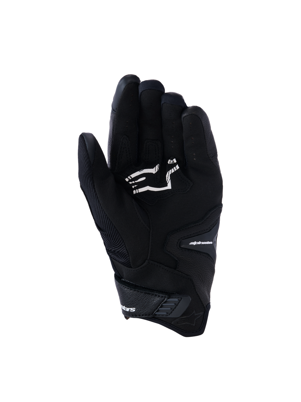 Gants Alpinestars SP-R Pro, gants de moto noirs à manchette courte, vue de la paume montrant les renforts de préhension et le logo Alpinestars blanc, conçus pour la conduite sportive.