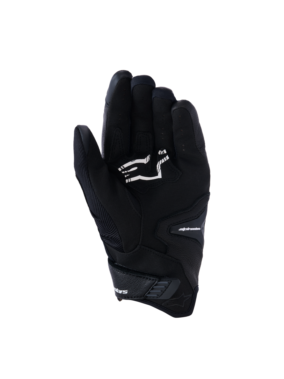 Gants Alpinestars SP-R Pro, gants de moto noirs à manchette courte, vue de la paume montrant les renforts de préhension et le logo Alpinestars blanc, conçus pour la conduite sportive.