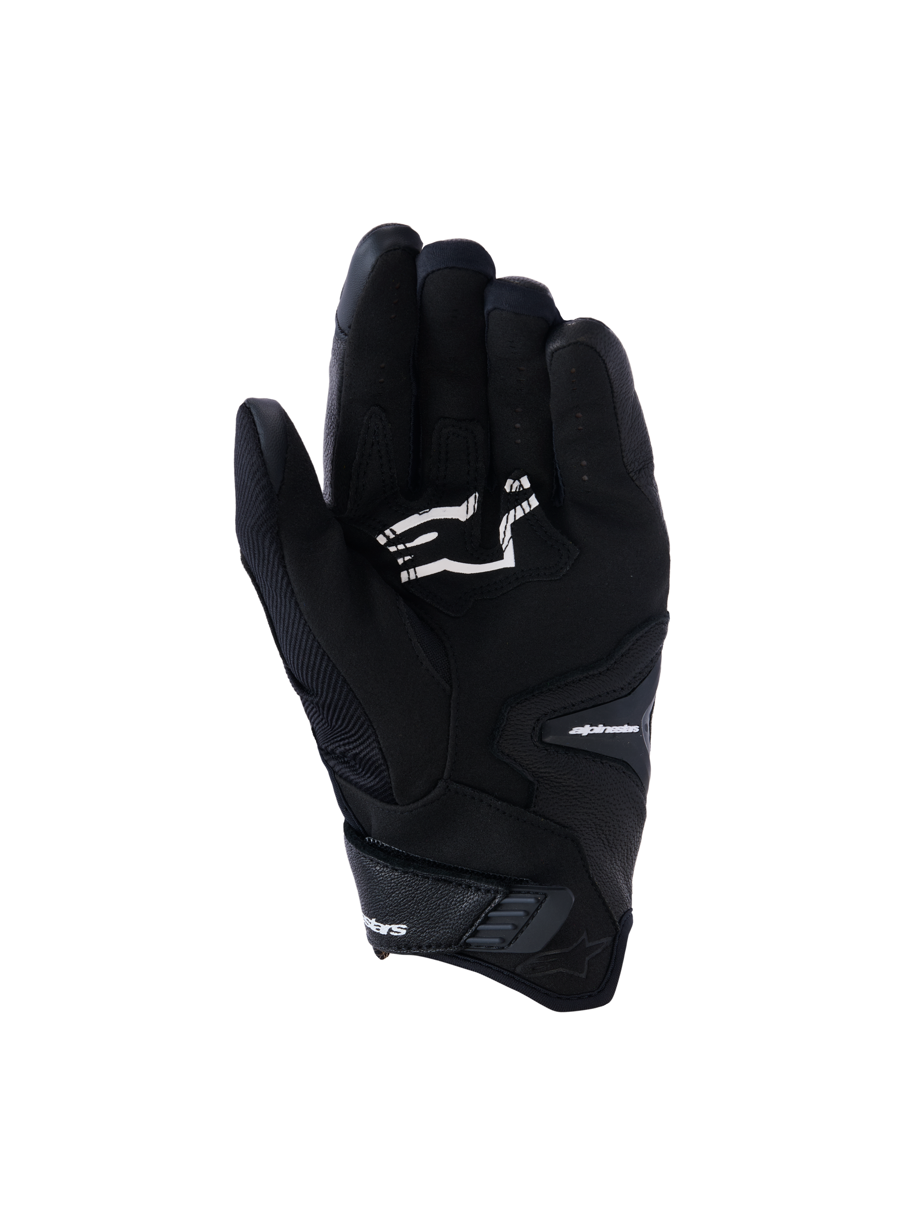 Gants Alpinestars SP-R Pro, gants de moto noirs à manchette courte, vue de la paume montrant les renforts de préhension et le logo Alpinestars blanc, conçus pour la conduite sportive.
