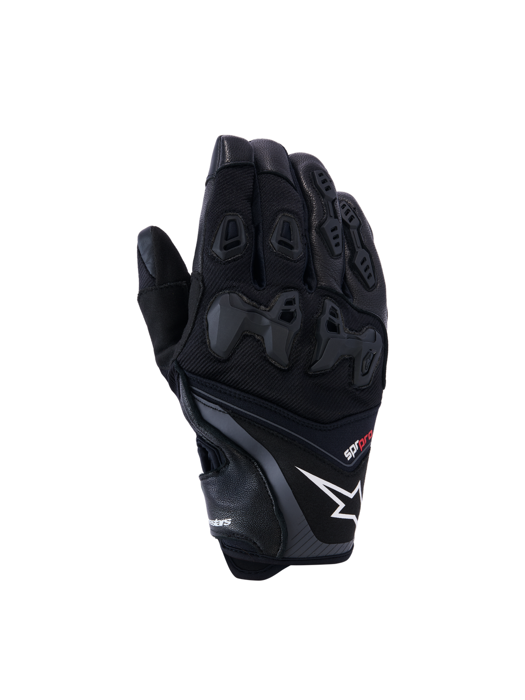 Gants Alpinestars SP-R Pro, gants de moto racing noirs avec logo étoile blanc et texte pro rouge, protection des articulations en TPU divisée et panneaux de doigts renforcés, construction en cuir et textile haut de gamme pour la conduite sportive