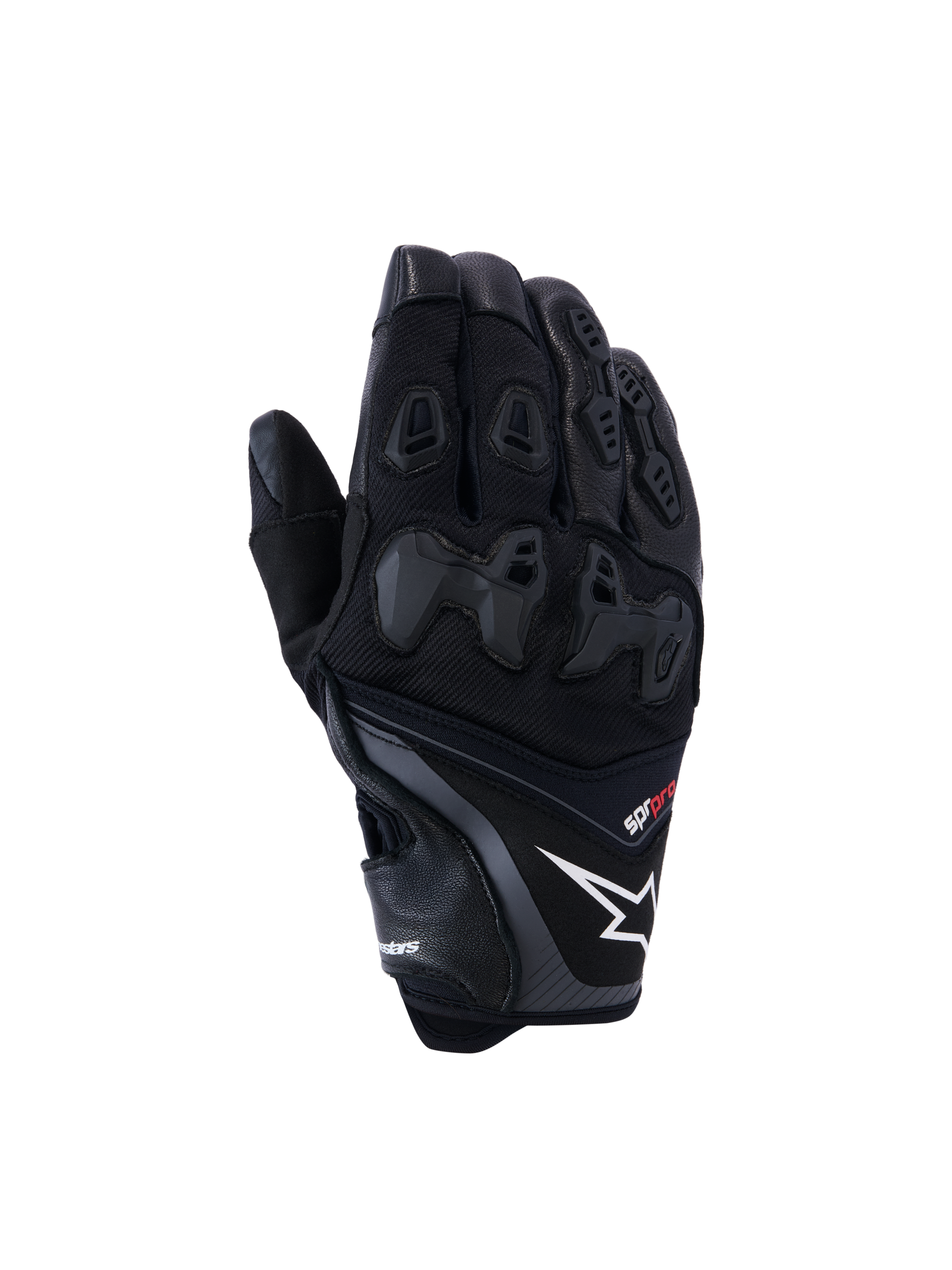 Gants Alpinestars SP-R Pro, gants de moto racing noirs avec logo étoile blanc et texte pro rouge, protection des articulations en TPU divisée et panneaux de doigts renforcés, construction en cuir et textile haut de gamme pour la conduite sportive
