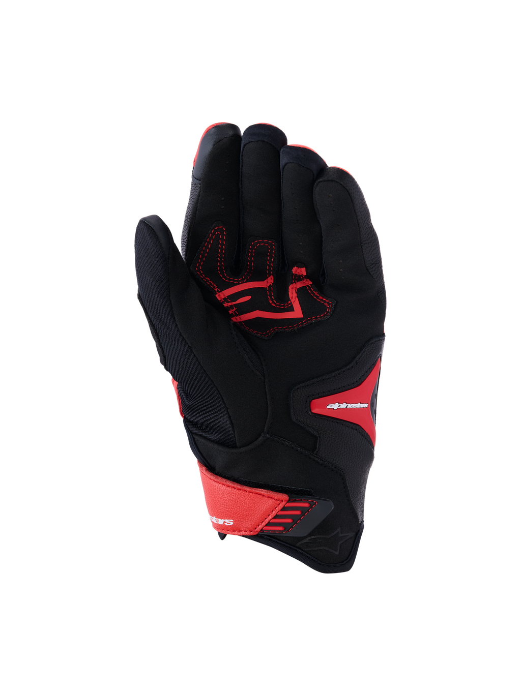 Gants Alpinestars SP-R Pro, gants de moto sport, rouge vif, rouge fluo et noir, vue de la paume montrant la paume en cuir renforcé avec coutures contrastées rouges, châssis en textile et fermeture de poignet réglable.