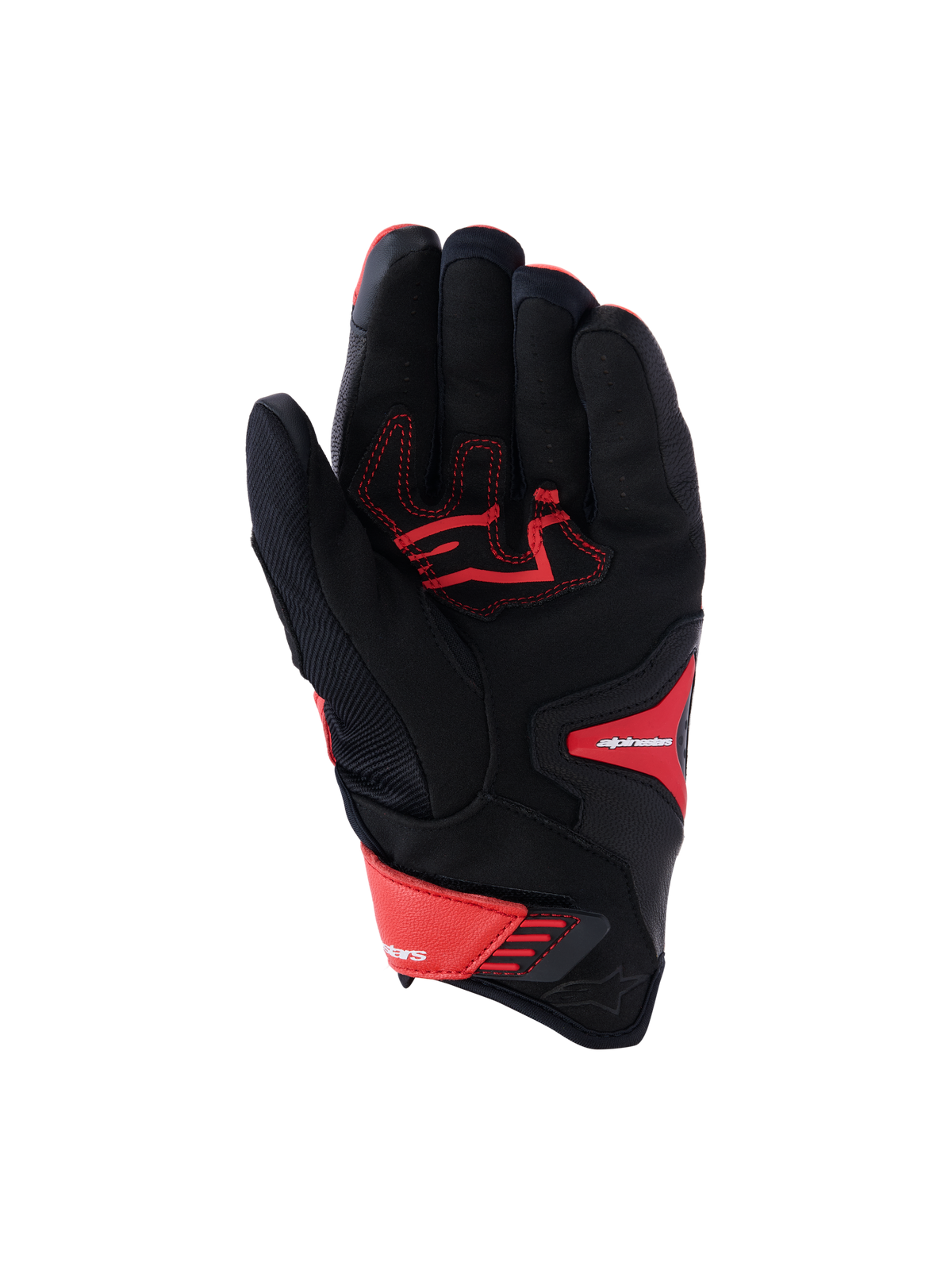 Gants Alpinestars SP-R Pro, gants de moto sport, rouge vif, rouge fluo et noir, vue de la paume montrant la paume en cuir renforcé avec coutures contrastées rouges, châssis en textile et fermeture de poignet réglable.