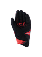 Gants Alpinestars SP-R Pro, gants de moto sport, rouge vif, rouge fluo et noir, vue de la paume montrant la paume en cuir renforcé avec coutures contrastées rouges, châssis en textile et fermeture de poignet réglable.